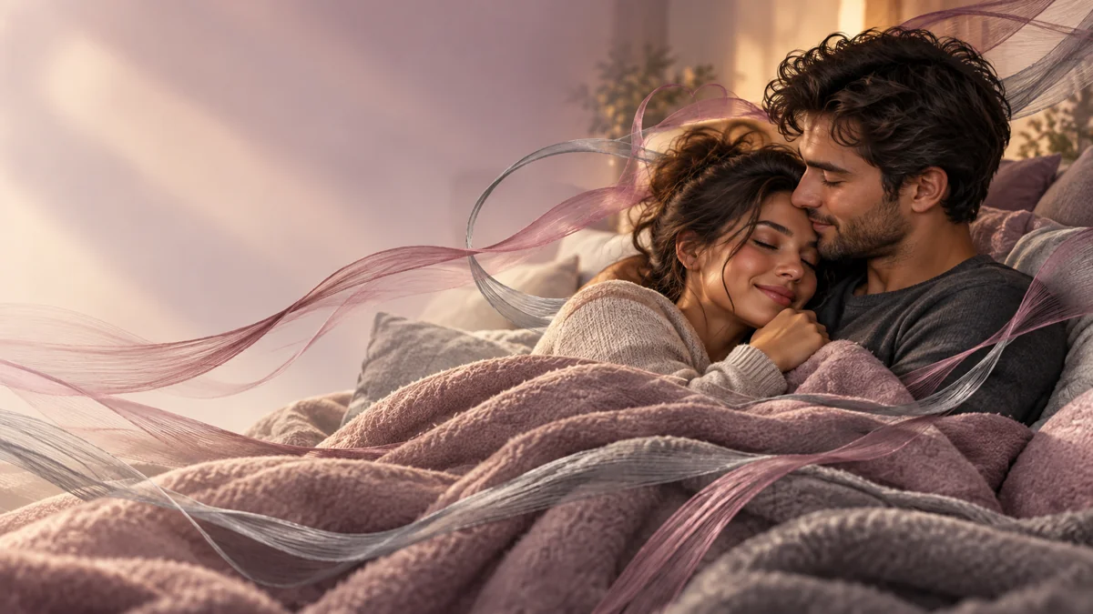 Two people nestled together under a blanket, surrounded by soft luminous threads
