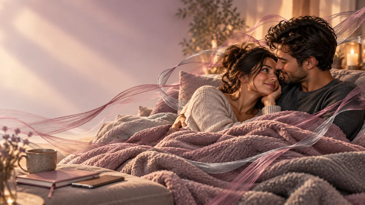 A warm quiet moment shared under a mauve blanket