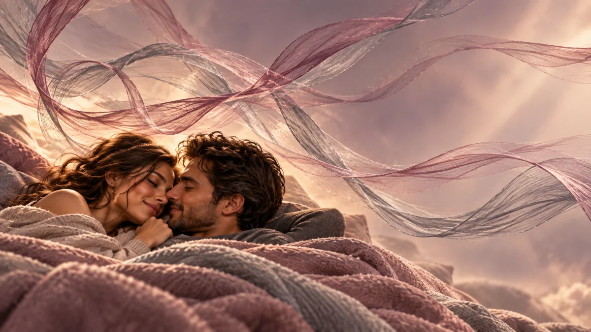 A couple wrapped in blankets beneath strands of mauve and gray thread